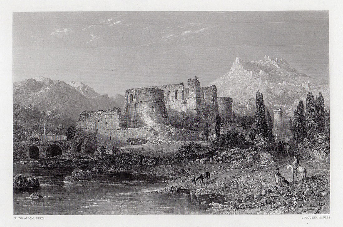 Thomas ALLOM 1800s Engraving "Ancient Pergamos Castle" Framed SIGNED: Thomas Allom (English, 1804-1872). Pergamos. Antique engraving on wove paper after the original painting by master engraver John Cousen (Bradford 1804-1880 London). Signed in the plate. Year: 1863. Co