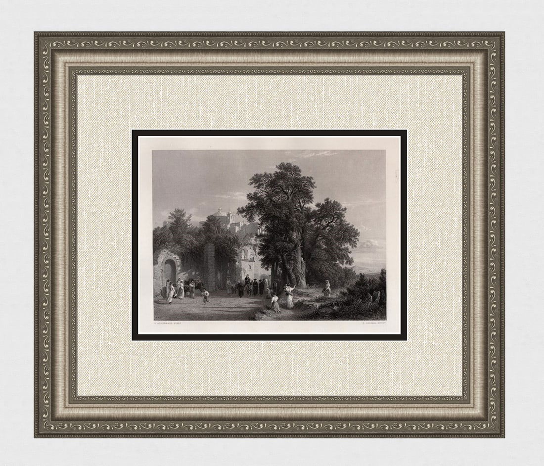 1800s Oswald Achenbach Engraving The Monastery Landscape Framed Signed: Oswald Achenbach (1827 – 1905).The Monastery. Antique engraving on wove paper after the original by master engraver Edward Angelo Goodall (British, 1819-1908). Signed in the plate. Year: 1859. Image