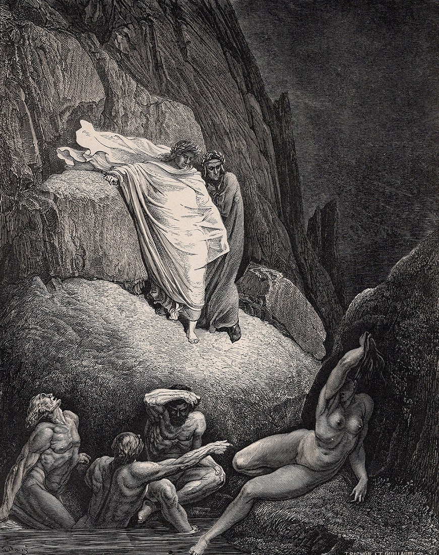 Gustave Dore The Courtesan (Dante's Divine Comedy Enferno) c. 1880 Wood Engraving: Gustave Dore (Paul Gustave Louis Christophe Dore) (French, 1832-1883). Chant 18. The Courtesan (Dante's Divine Comedy Enferno). Antique Wood Engraving wove paper after the original by master wood engr