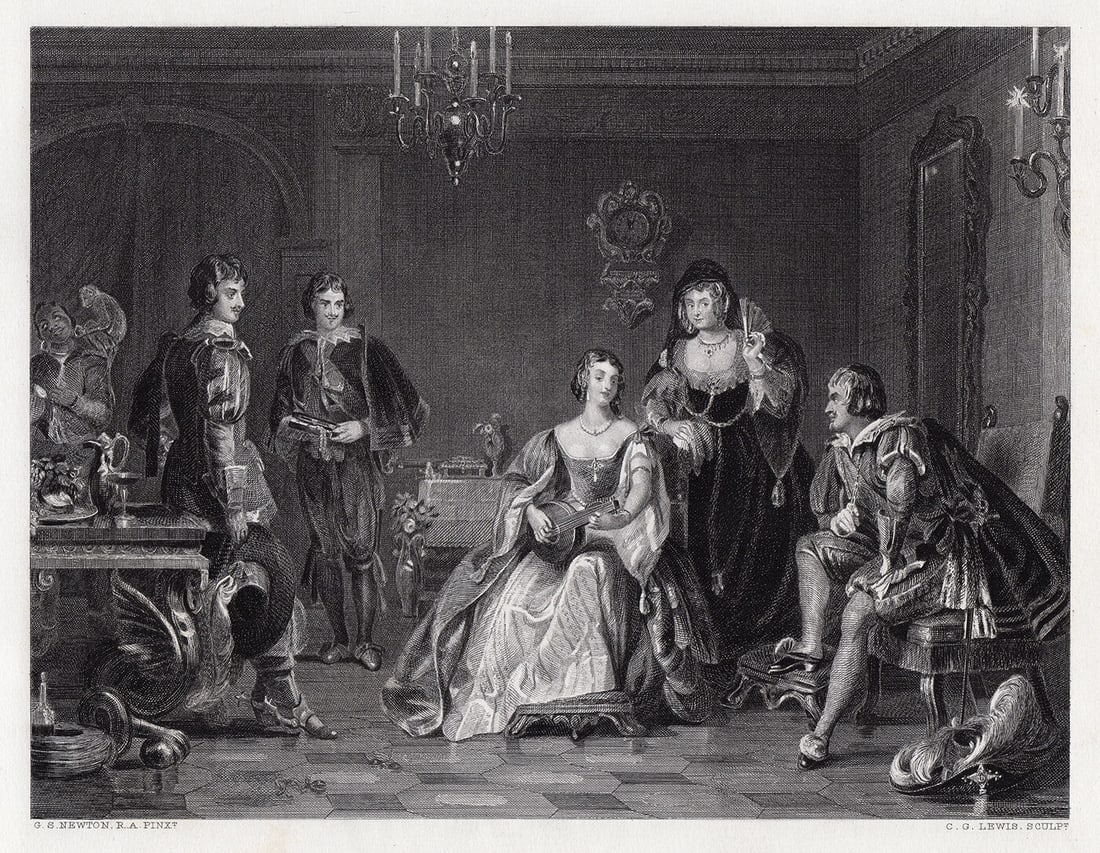 1878 Gilbert Stuart Newton The Prince of Spain's Visit to Catalina engraving signed: Gilbert Stuart Newton. (British, 1795 - 1835). The Prince of Spain's Visit to Catalina. Antique steel engraving on wove paper after the original by master engraver Charles George Lewis (English, 1808-