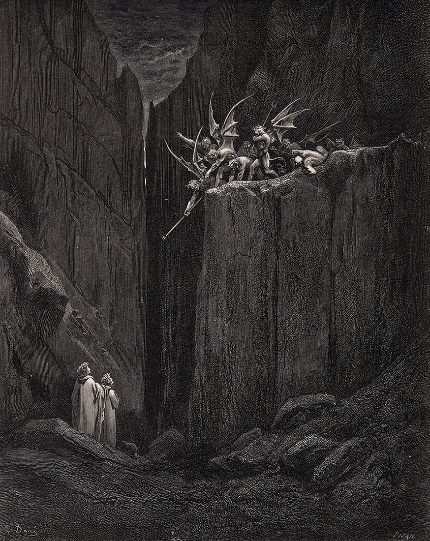 Gustave Dore Escape (Dante's Divine Comedy Enferno) c. 1880 Wood Engraving: Gustave Dore (Paul Gustave Louis Christophe Dore) (French, 1832-1883). Chant 23. Dante and Virgil Escape the Malebranche (Demons) (Dante's Divine Comedy Enferno). Antique Wood Engraving on wove paper