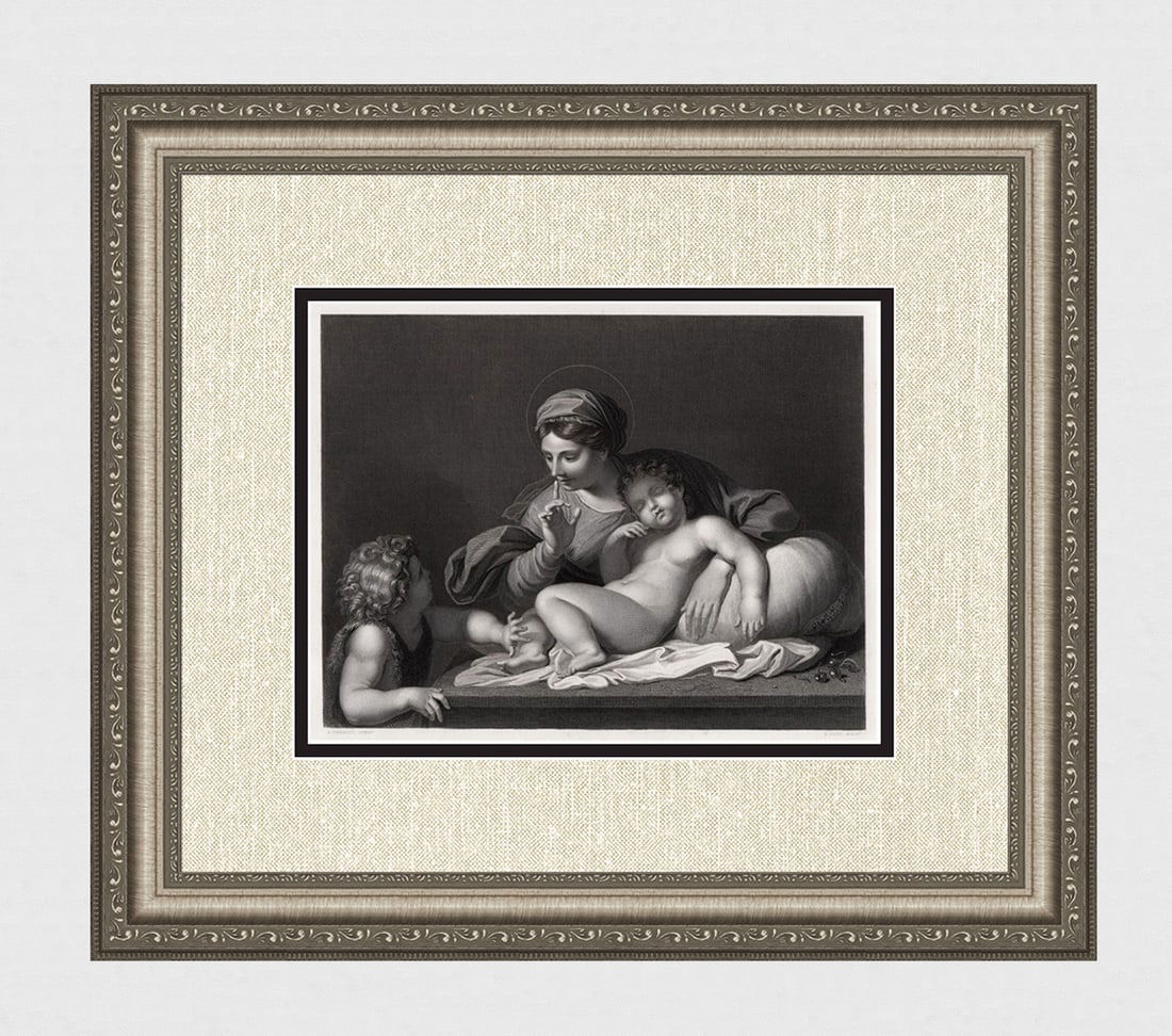 1800s CARRACCI Engraving Silence or the Madonna del Silenzio FRAMED SIGNED: Annibale Carracci (Italian, 1560-1609). Silence. Antique engraving on wove paper after the original by master engraver Gustave Lévy (French, 1819-1894). Signed in the plate. Year: 1855. Image size 8
