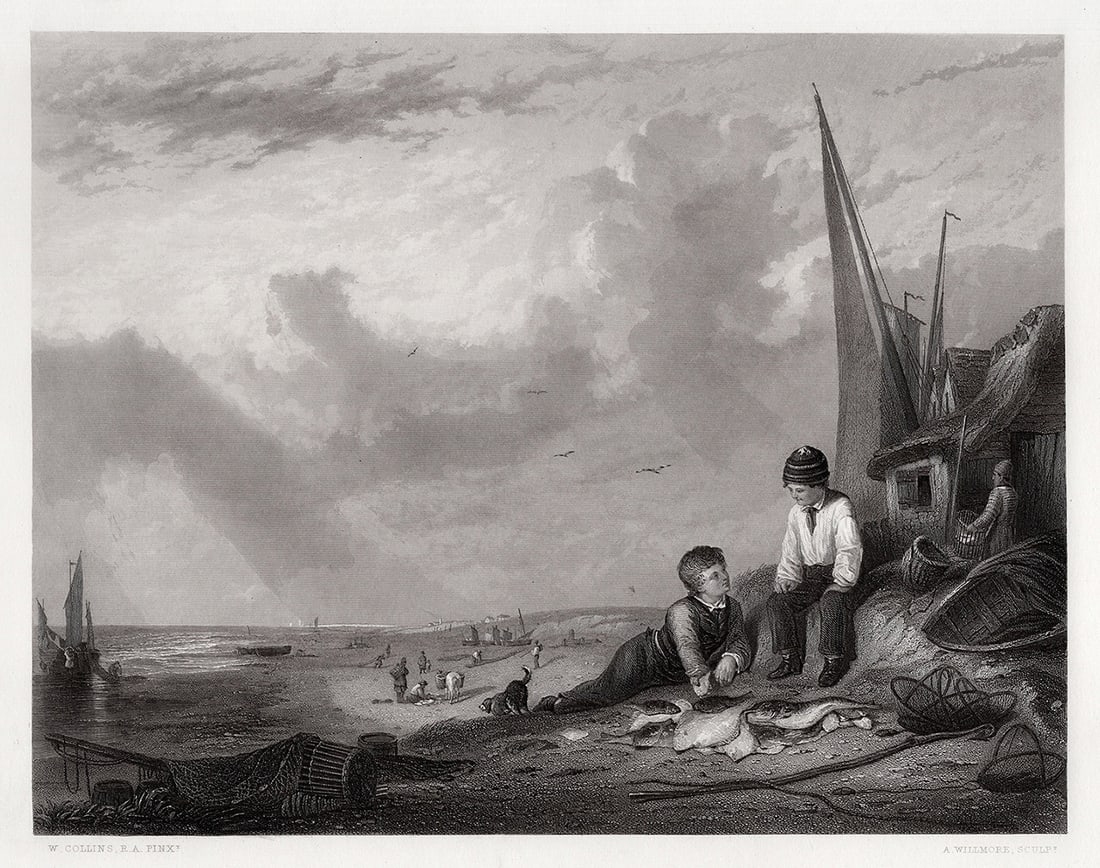 WILLIAM COLLINS 1800s Engraving The Fisher-Boys Catch SIGNED Framed: William Collins (English, 1788-1847). Fisher-Boys: Coast of Norfolk. Antique engraving on wove paper after the original by master engraver Arthur Willmore (British, 1814 – 1888). Signed in the plate