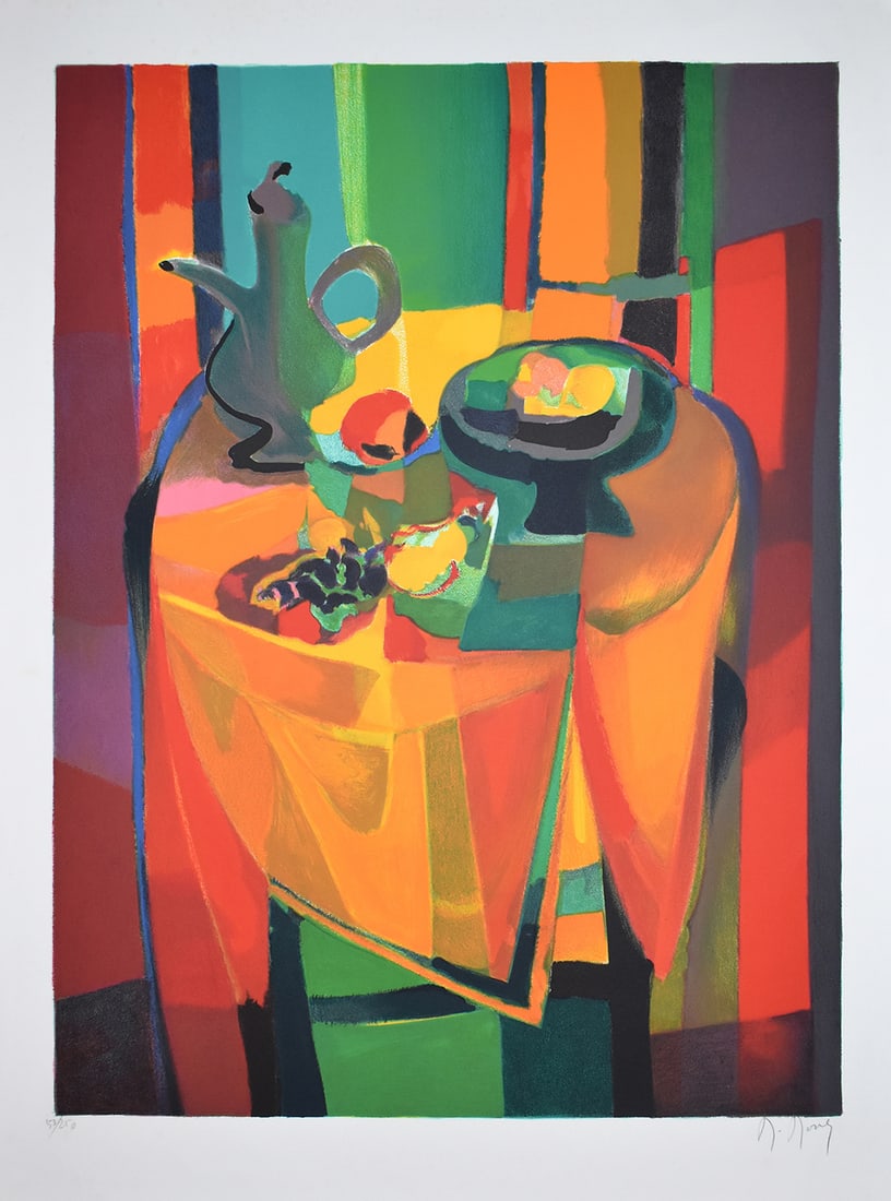 Marcel Mouly Hand signed Lithograph Teapot: Marcel Mouly (1918 - 2008). La Theiere (The Teapot). Color lithograph on wove paper. Year: 1990. Signed in pencil, lower right. Numbered from 250. Image size 18 3/4 x 25 inches. Sheet Size: c. 29 3/4