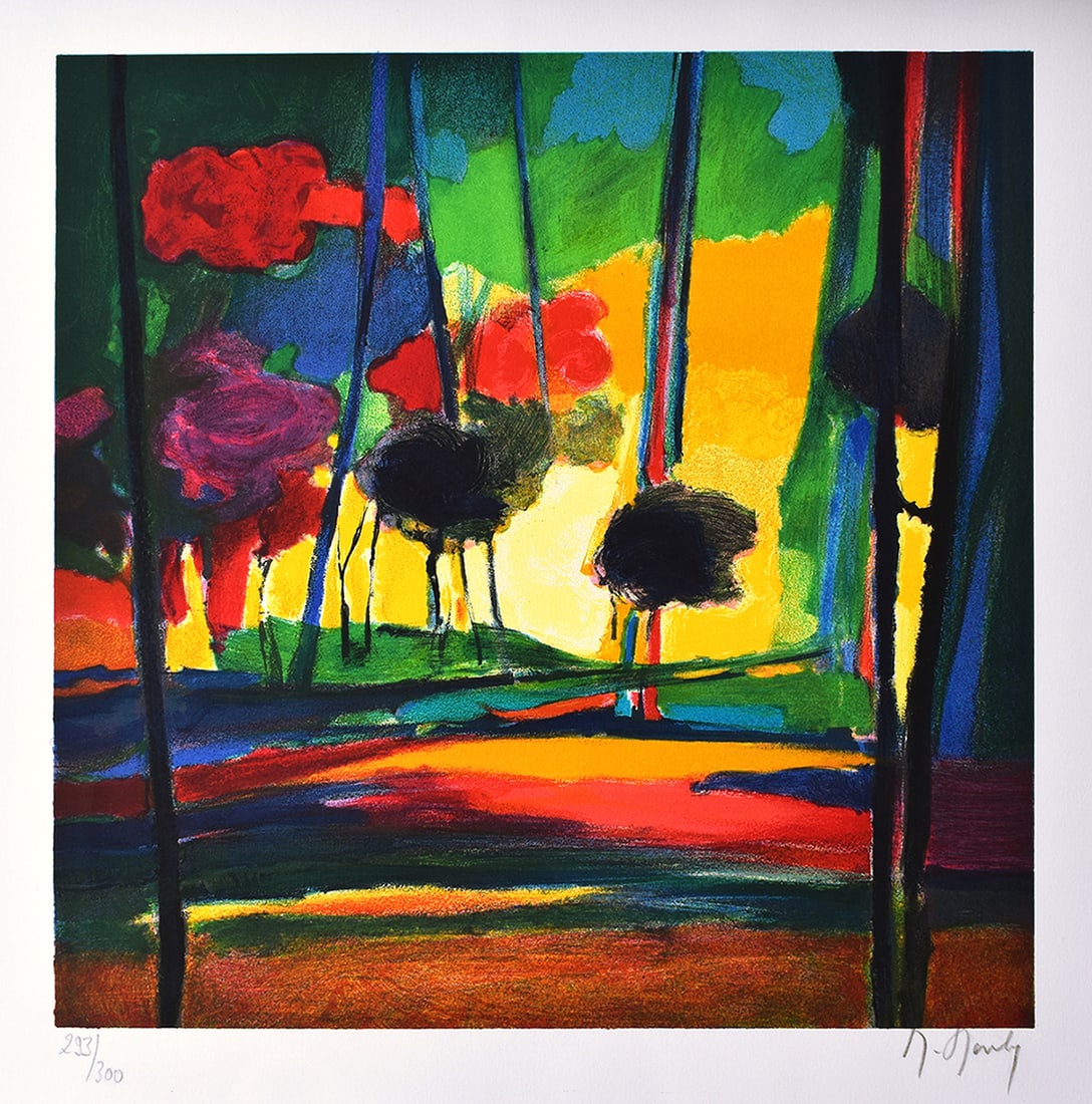 Marcel Mouly Hand signed Lithograph Landscape Woods: Marcel Mouly (1918 - 2008). L'Oree Du Bois (The Edge of the Wood). Color lithograph on wove paper. Year: 2004. Signed in pencil, lower right. Numbered from 300. Image size 15 x 15 1/2 inches. Framed d