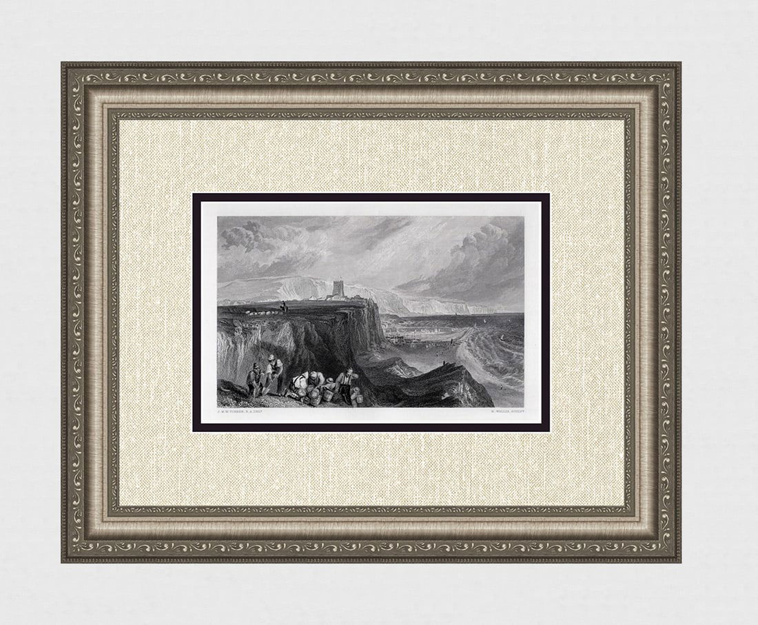 FRAMED William Turner 1800s Engraving Folkstone Smugglers SIGNED: Joseph Mallord William Turner (English, 1775-1851).Folkston,Kent. Antique engraving on wove paper after the original by master engraver Robert William Wallis (British, 1794-1878). Year: 1878. Signed i