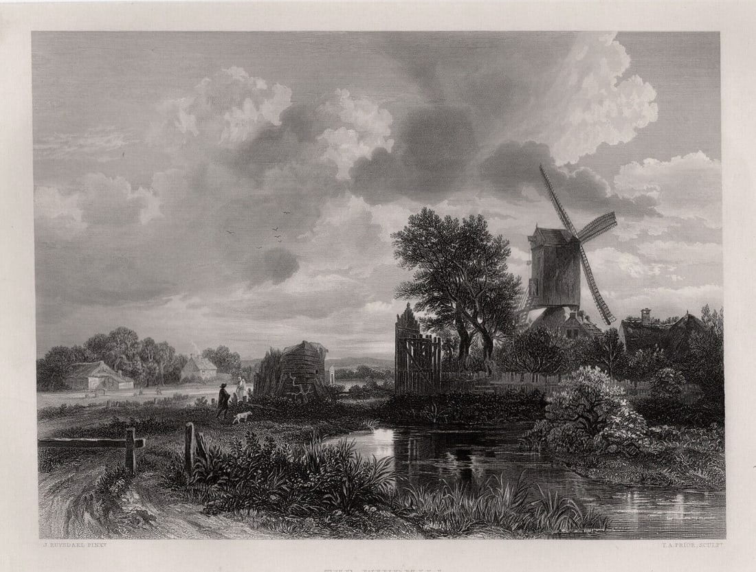 1800s RUISDAEL Engraving Landscape with Pond & Windmill Signed Framed (1 of 3)