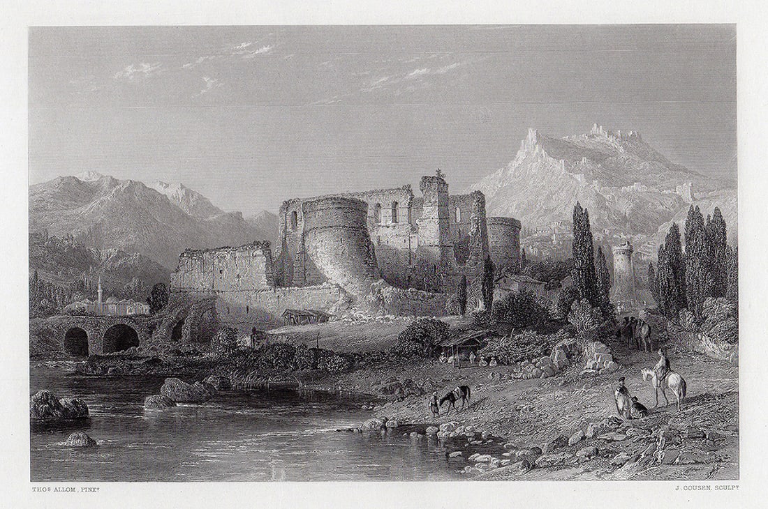 Thomas ALLOM 1800s Engraving "Ancient Pergamos Castle" Framed SIGNED: Thomas Allom (English, 1804-1872). Pergamos. Antique engraving on wove paper after the original painting by master engraver John Cousen (Bradford 1804-1880 London). Signed in the plate. Year: 1863. Co