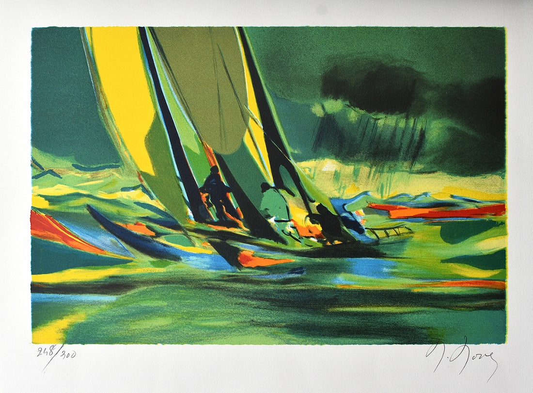 Marcel Mouly Hand signed Lithograph The Storm: Marcel Mouly (1918 - 2008). La Tempete (The Storm). Color lithograph on wove paper. Year: 1996. Signed in pencil, lower right. Numbered from 300. Image size 11 1/2 x 15 inches. Framed dimensions appro
