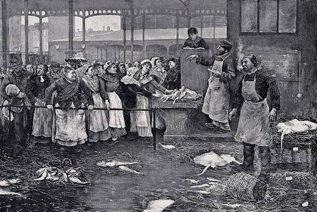 Norbert Goeneutte 1800s Antique Print At The Fish Market SIGNED Framed COA: Norbert Goeneutte (French, 1854 - 1894). Selling Fish at the Market. Antique print after the original. Year: c. 1890. Signed in the plate, lower left. Image Size 7 1/8 x 10 1/2 inches.Framed dimension