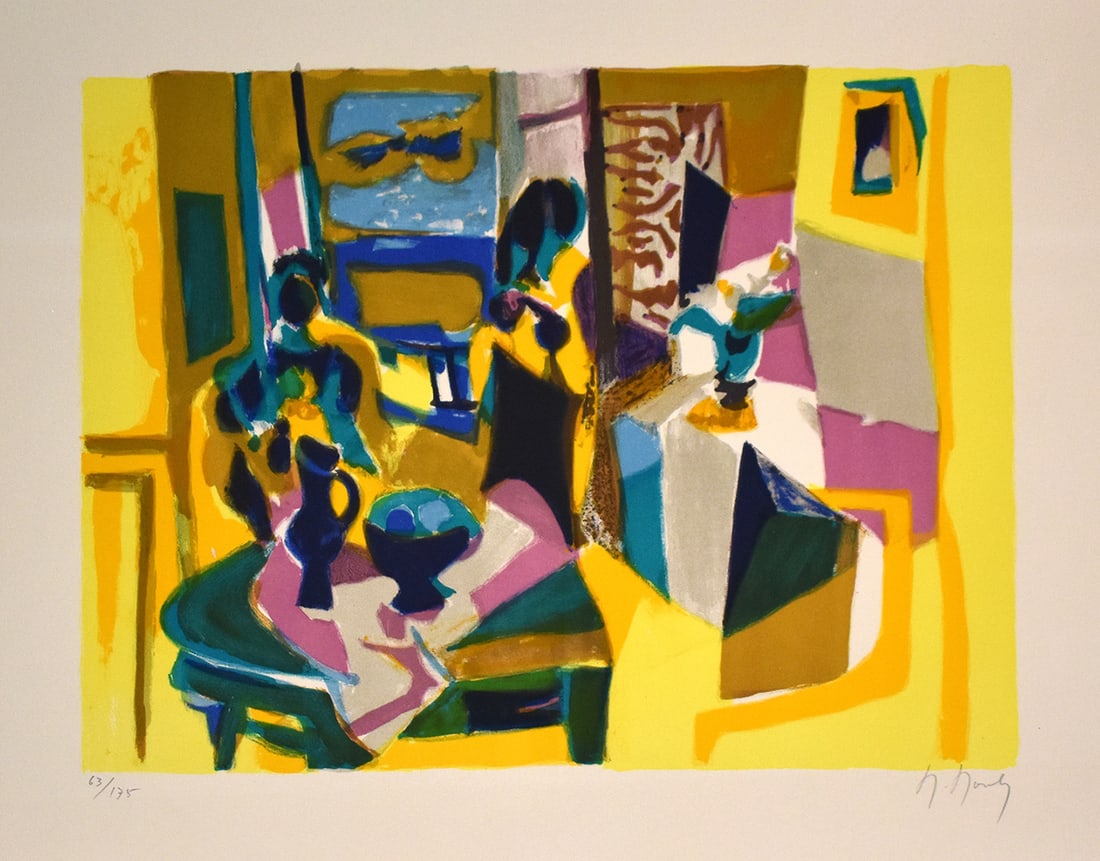 Marcel Mouly Hand signed Lithograph Le Salon: Marcel Mouly (1918 - 2008). Le Salon (The Lounge). Color lithograph on wove paper. Year: 1982. Signed in pencil, lower right. Numbered from 300. Image size 15 x 11 1/2 inches. Sheet Size: c. 21 3/8 x