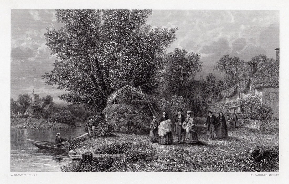 1872 Albert Bellows Christening Party engraving signed: Albert Fitch Bellows. (American, 1829 - 1883). The Christening Party. Antique engraving on thick wove paper after the original painting by master engraver John Saddler (British, 1813-1892). 1872. Sign