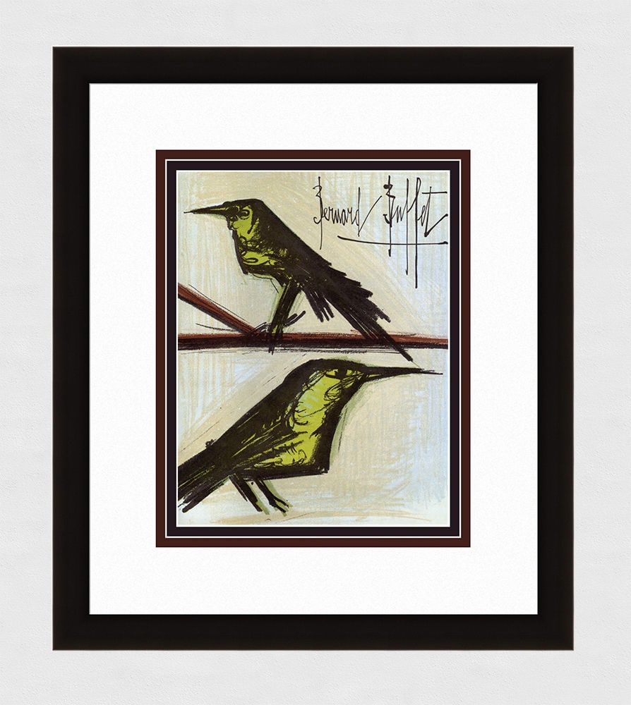 Bernard Bird Couple 1967 lithograph: Bernard Buffet. "Bird Couple". Original color lithograph on wove paper. 1967. Signed in the plate. Excellent. Mourlot. Image 9 1/2 x 12 1/4 inches. Approximately 18 x 21 inches. This piece has been pr