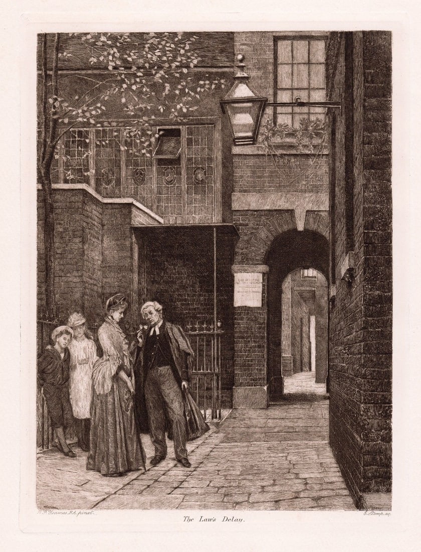 William Frederick Yeames The Law's Delay (Barnard's Inn) 1892 etching: William Frederick Yeames. (British, 1835-1918). The Law's Delay (Barnard's Inn). Antique Etching on wove paper after the original by Master Etcher Ernest Stamp (British, 1869-1942). 1892. Signed in th