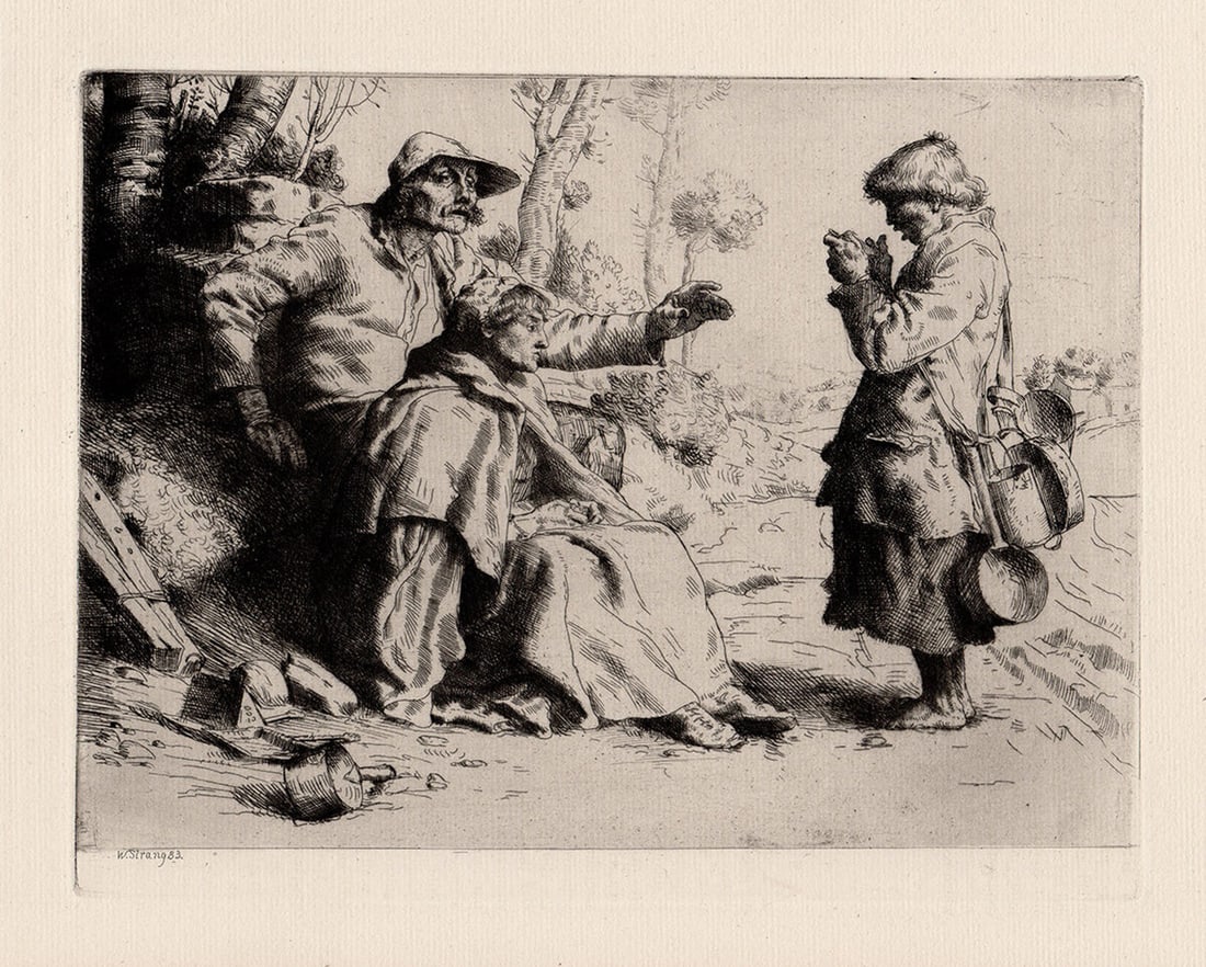 William Strang The Tinkerer 1883 Etching: William Strang (1859-1921). The Tinkerer. Original hand pulled copper plate etching on thick wove paper. Signed in the plate. 1883. Dimensions: Image Size 7 x 8 7/8 inches. Framing: Gallery framed and