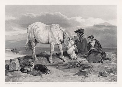 Edwin LANDSEER 1800s Engraving Pastoral Landscape Framed SIGNED