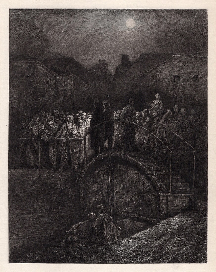 1800s GUSTAVE DORE SIGNED Wood Engraving LONDON NIGHT SCENE Framed: Gustave Dore (Paul Gustave Louis Christophe Dore) (French, 1832-1883). Night Scene In East London-The Thieves Roll Call. Antique etching wove paper after the original by master etcher by David Law (Br