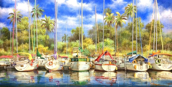 Original Paul Wren Colorful Marina I Painting 72 x 36 inches