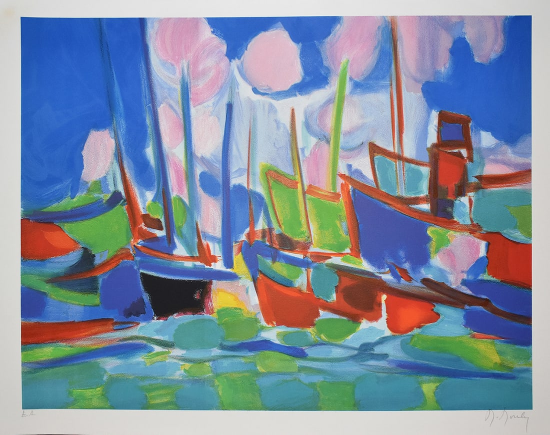 Marcel Mouly Hand signed Lithograph The Marina Artist Proof: Marcel Mouly (1918 - 2008). La Marina (The Marina). Color lithograph on wove paper. Year: 1992. Signed in pencil, lower right. Numbered EA (Artist Proof - Epreuve d'Artiste). Image size 20 1/2 x 26 1/