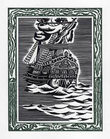 FRAMED Patrick de Manceau 1946 Woodcut THE SAN DOMINICK SAILING Signed