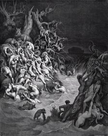 1800s Gustave DORE SIGNED Religious Wood Engraving The Duration of the Flood FRAMED