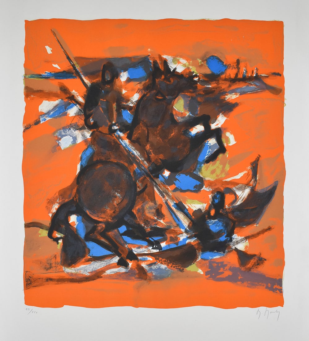 Marcel Mouly Hand signed Lithograph St. George and the Dragon: Marcel Mouly (1918 - 2008). Le Tueur de Dragon (Saint George and the Dragon). Color lithograph on wove paper. Year: 1970. Signed in pencil, lower right. Numbered from 150. Image size 19 x 17 inches. S