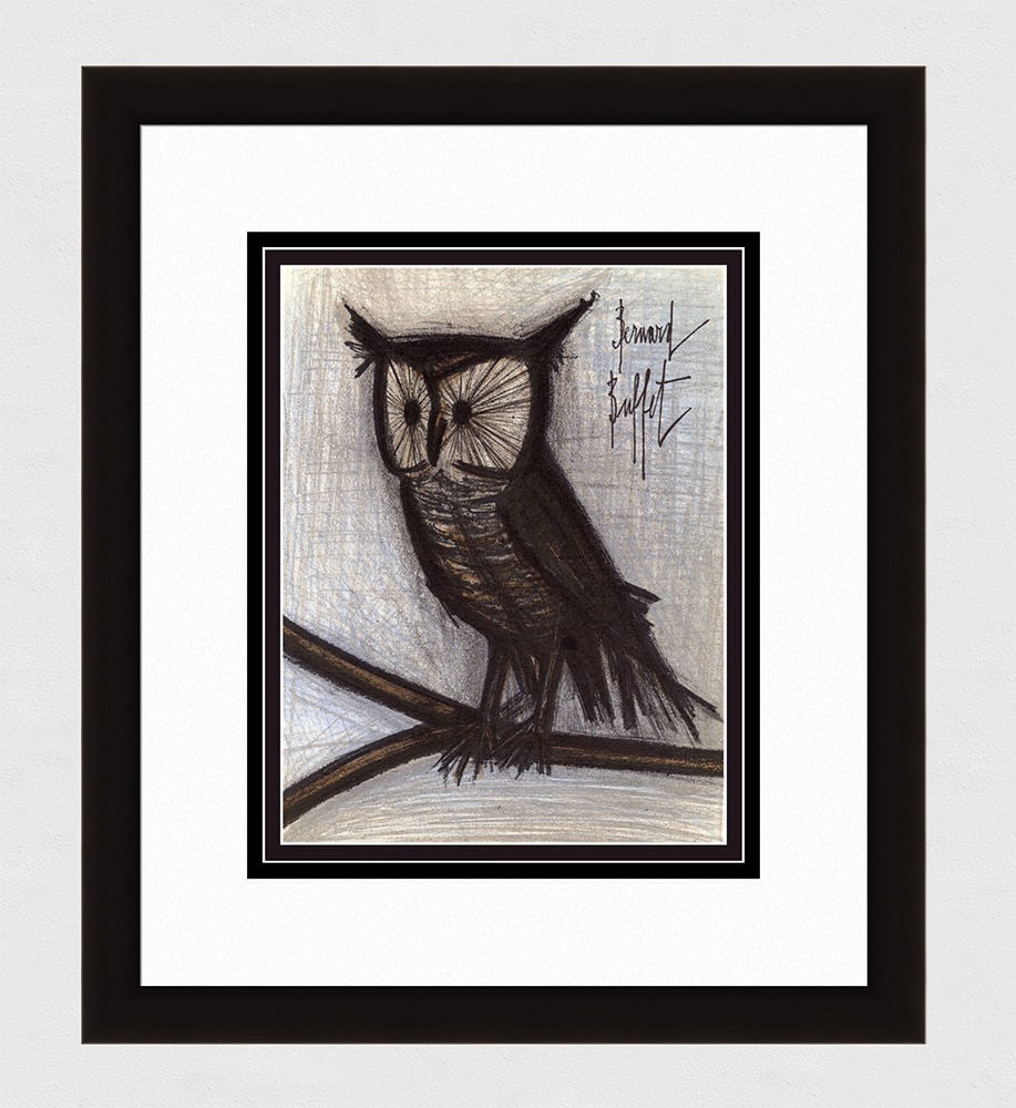 1967 Bernard Buffet Small Owl lithograph signed: Bernard Buffet. (French, 1928 - 1999). Small Owl. Original color lithograph on wove paper. 1967. Signed in the plate. Excellent. Atelier Mourlot. Image size 9 1/2 x 12 1/4 inches. Approximately 18 x 2