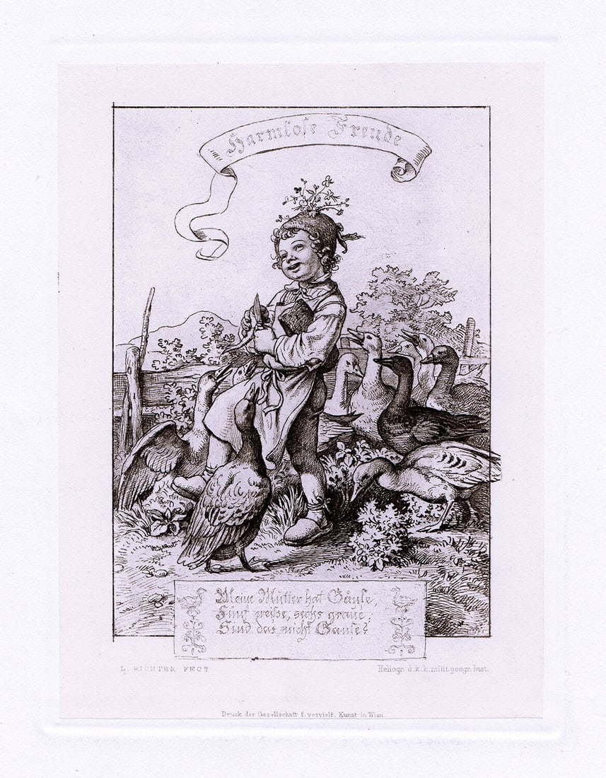 Adrian Ludwig Richter Harmlose Freude (Boy with Geese) print signed: Adrian Ludwig Richter. (German, 1803-1884). Harmlose Freude (Boy with Geese). Antique Heliogravure after the original on wove paper. 1887. Signed in the plate. Excellent. Heliografie d.k.k. milit. geo