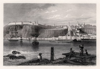 J Schroeder 1800s Original Engraving The Port of Quebec SIGNED FRAMED