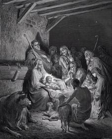 Gustave Dore 1800s Biblical Woodcut THE BIRTH OF JESUS Framed Signed