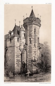 V. PETIT ORIGINAL 1800s Lithograph Chateau De La Verdiere Framed Signed