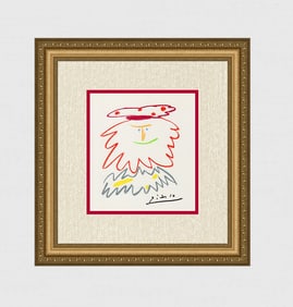 PICASSO 1968 Color Lithograph Man with a Polka Dot Hat Signed Framed