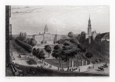 Emile Rouargue 1800s Original Engraving City Hall Park, NY Signed