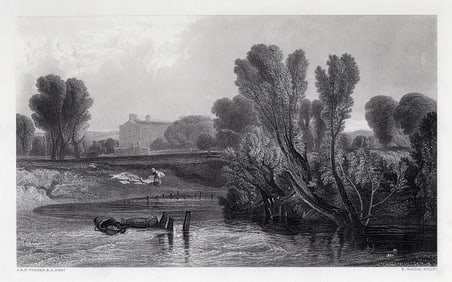 1800s JMW TURNER Engraving View of Thames FRAMED Signed