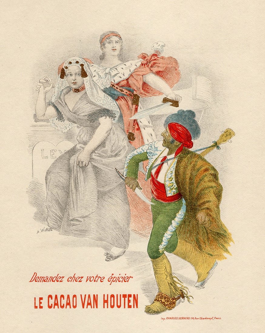 Adolphe Willette SIGNED Limited 1896 Lithograph & Proof Van Houten Cocoa FRAMED: Adolphe Leon Willette (French, 1857-1926). Demandez chez votre epicier, Le Cacao Van Houten. Stone lithograph on Japon Paper. Year: 1896. Signed in the plate, lower left. Extremely rare. One of only 2