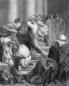 Gustave Dore 1800s Biblical Wood Engraving Jesus Cleanses the Temple FRAMED Signed