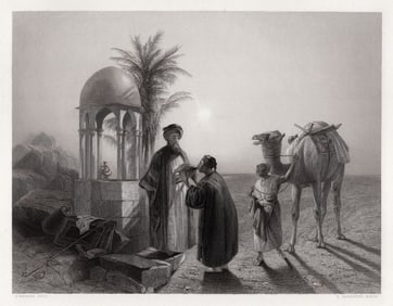 Henry Warren 1800s Antique Engraving "Fount in the Desert" Signed Framed