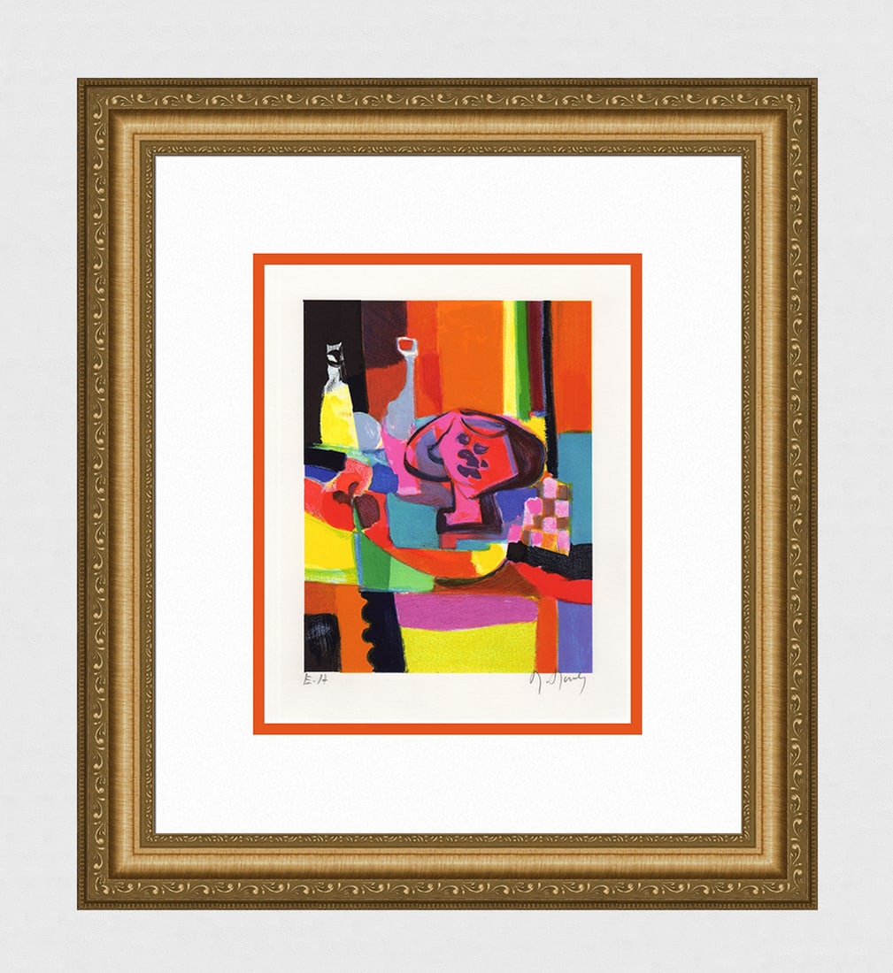 Marcel Mouly Hand signed Lithograph Compotier Rose Artist Proof: Marcel Mouly (1918 - 2008). Le Compotier Rose (The Pink Fruit Bowl). Color lithograph on Wove paper. Year: 1995. Signed in pencil, lower right. Numbered EA (Artist Proof - Epreuve d'Artiste). Image si