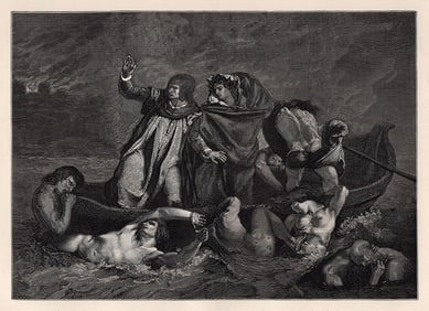 Eugene Delacroix 1800s Antique Print "Dante and Virgil" Framed