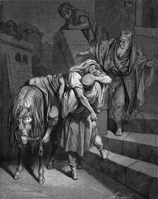 GUSTAVE DORE 1800s Biblical Woodcut THE GOOD SAMARITAN Signed Framed