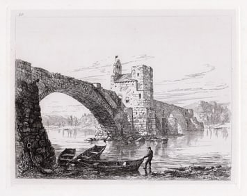 Sir Ernest George 1875 etching Avignon. Bridge and Chapel of St. Benazet signed