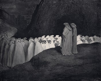 SIGNED 1800s Gustave DORE DIVINE COMEDY Woodcut Mourning Hypocrites FRAMED