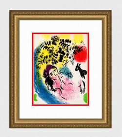 1960 Marc Chagall Lithograph Lovers with Red Sun Framed
