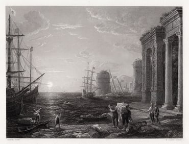 1800s Claude LORRAIN Engraving The Sea Port SIGNED Framed