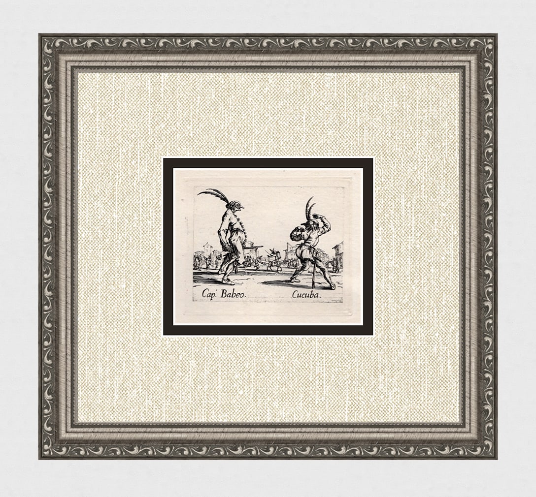 Limited 1920 CALLOT Engraving "Capitano Babeo & Cucuba" Framed: Jacques Callot (French, c.?1592 - 1635). Cap. Babeo & Cucuba, from Balli di Sfessania. Antique engraving on japon paper after the original created in 1622. Year: c. 1920. Limited edition of only 500 i