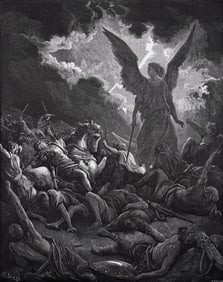 1800s GUSTAVE DORE Biblical Woodcut Sennacherib's Army Destroyed FRAMED SIGNED