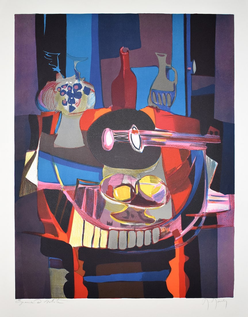 Marcel Mouly Hand signed Lithograph La Guitare Noire: Marcel Mouly (1918 - 2008). La Guitare Noire (The Black Guitar). Color lithograph on wove paper. Year: 1982. Signed in pencil, lower right. Numbered EA (Artist Proof - Epreuve d'Artiste). Image size 2