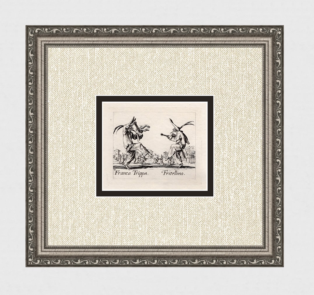 1920 Jacques Callot Engraving "Franca Trippa & Fritellino" Limited Framed: Jacques Callot (French, c.?1592 - 1635). Franca Trippa & Fritellino, from Balli di Sfessania. Antique engraving on japon paper after the original created in 1622. Year: c. 1920. Limited edition of onl