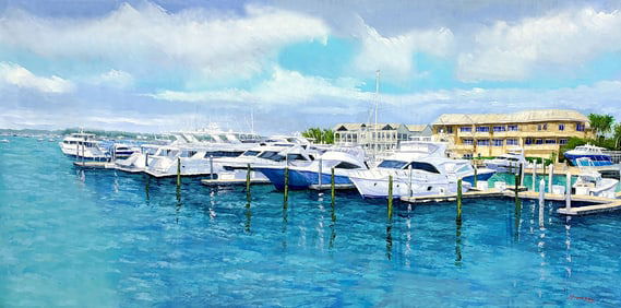 Mauricio Garay Original Painting Docked Boats 72 x 36 inches