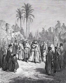 1800s Gustave Dore Religious Woodcut Jacob and Esau Make Peace Framed Signed